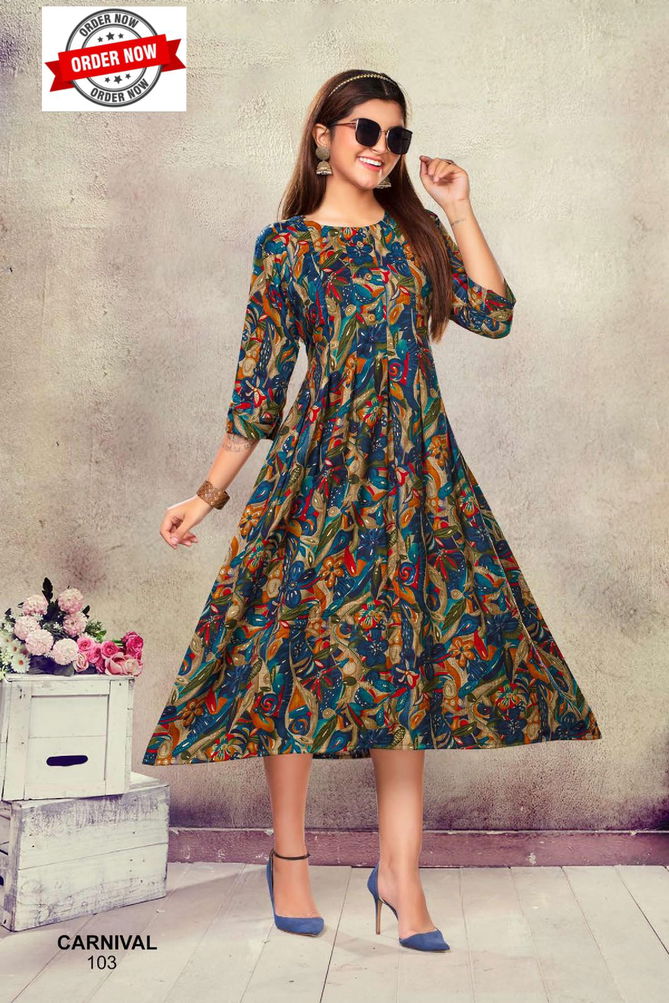 Carnival Vol 1 By Trendy Rayon Printed Anarkali Kurtis Wholesale Market In Surat
